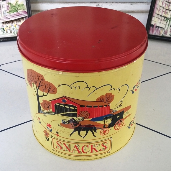 Vintage Snacks Tin Antique Country Home Decor Yellow Red - Picture 9 of 9